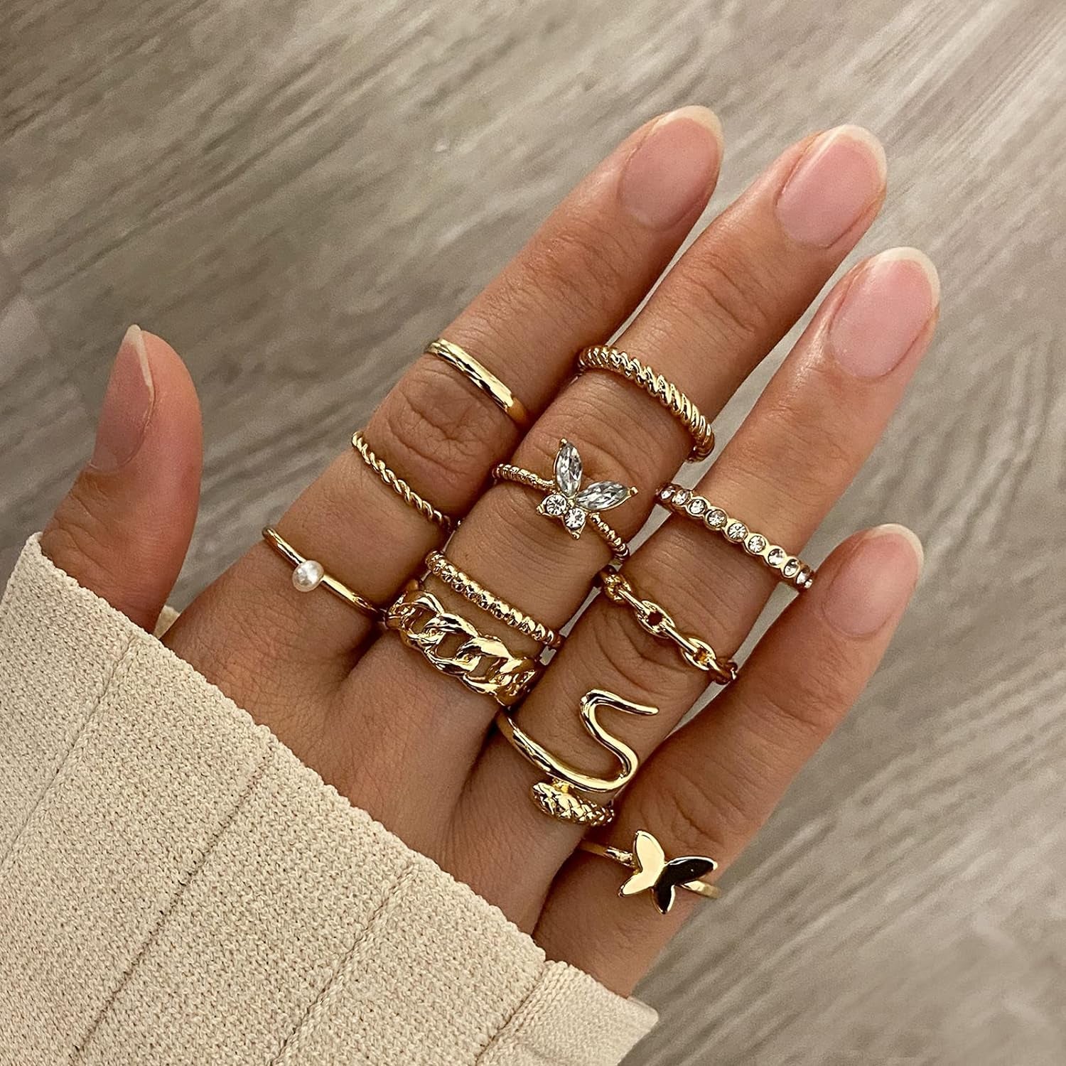 Gold Knuckle Rings Set for Women, Boho Butterfly Snake Stackable Joint Finger Rings, Trendy Crystal Size Mixed Midi Rings Pack