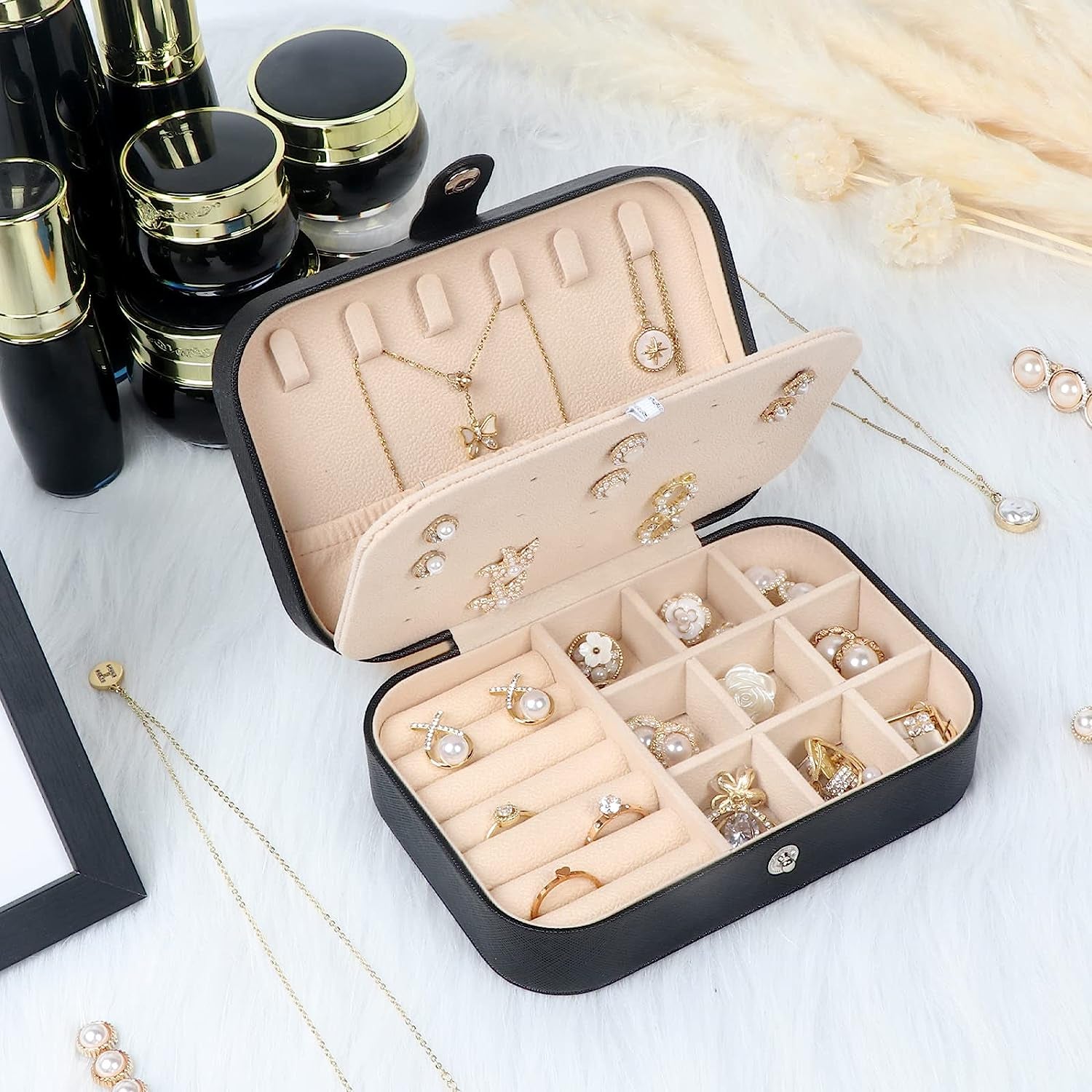 Travel Jewelry Box, Small Jewelry Organizer Box for Women Girls, 2 Layer Travel Jewlery Case, PU Leather Mini Portable Jewerly Storage Display Holder for Earrings, Ring, Necklaces, Bracelets (Black 1)