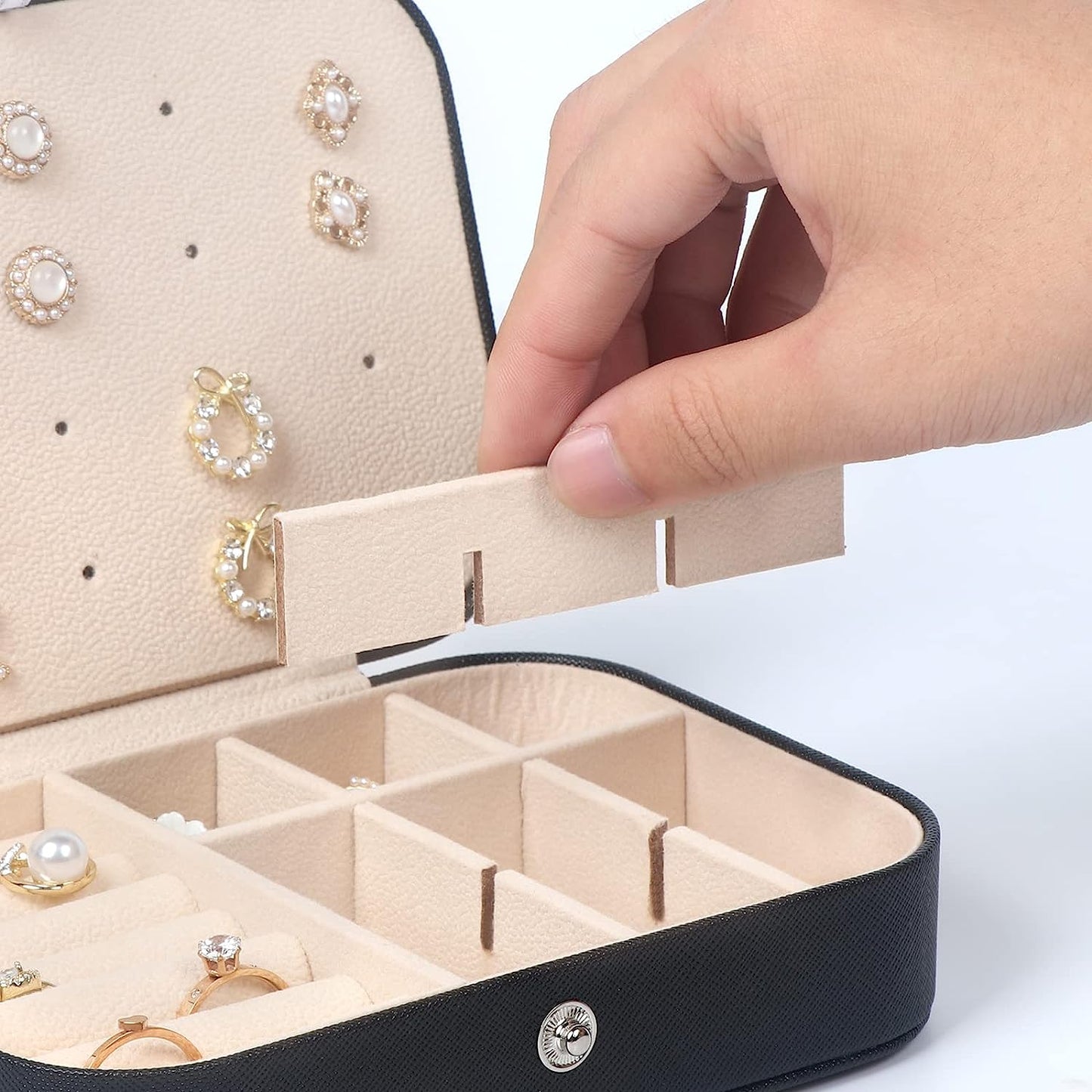 Travel Jewelry Box, Small Jewelry Organizer Box for Women Girls, 2 Layer Travel Jewlery Case, PU Leather Mini Portable Jewerly Storage Display Holder for Earrings, Ring, Necklaces, Bracelets (Black 1)