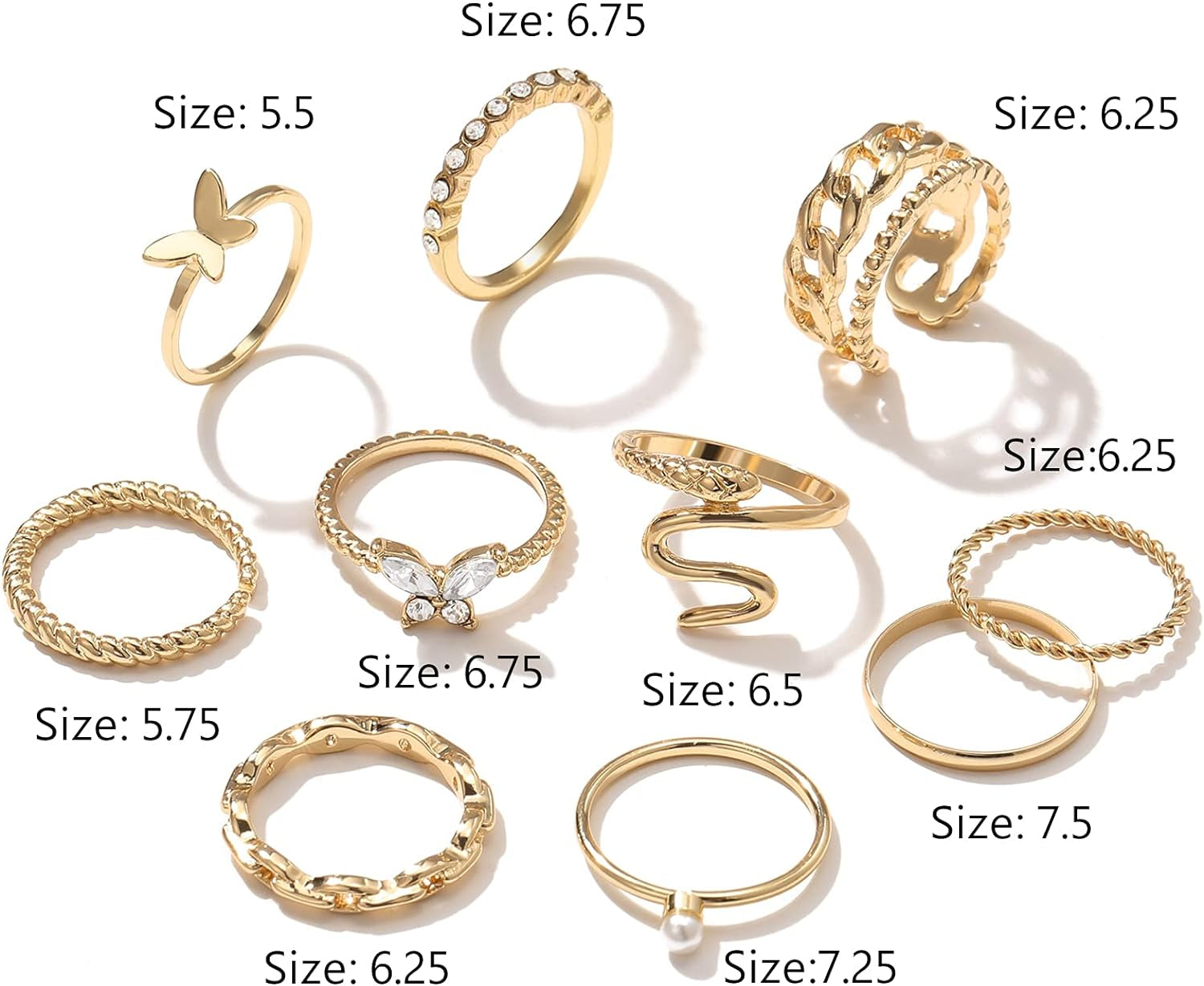 Gold Knuckle Rings Set for Women, Boho Butterfly Snake Stackable Joint Finger Rings, Trendy Crystal Size Mixed Midi Rings Pack