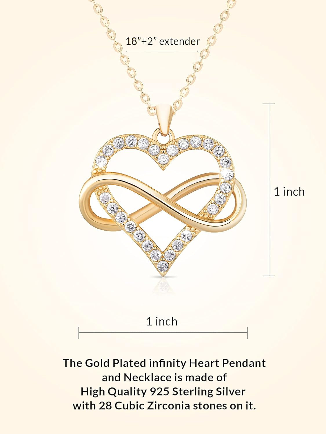 Infinity Heart Necklace for Women. 925 Sterling Silver Heart Necklace for Girlfriend, Love Heart Pendant on 18" Chain with 2" Extender (Rose Gold or Gold Plated)