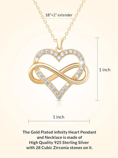 Infinity Heart Necklace for Women. 925 Sterling Silver Heart Necklace for Girlfriend, Love Heart Pendant on 18" Chain with 2" Extender (Rose Gold or Gold Plated)