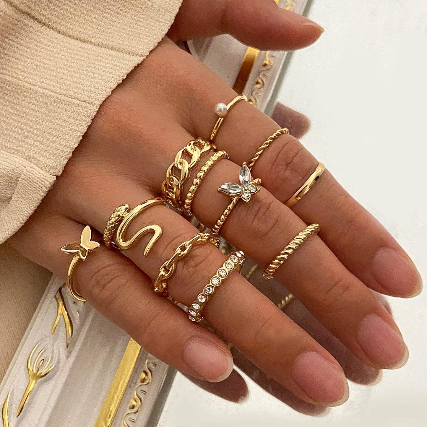 Gold Knuckle Rings Set for Women, Boho Butterfly Snake Stackable Joint Finger Rings, Trendy Crystal Size Mixed Midi Rings Pack